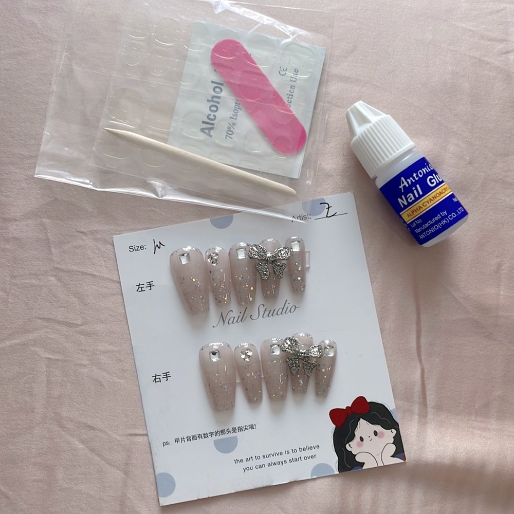 Artist customized handmade press on nails fake nails pink  crystal wedding